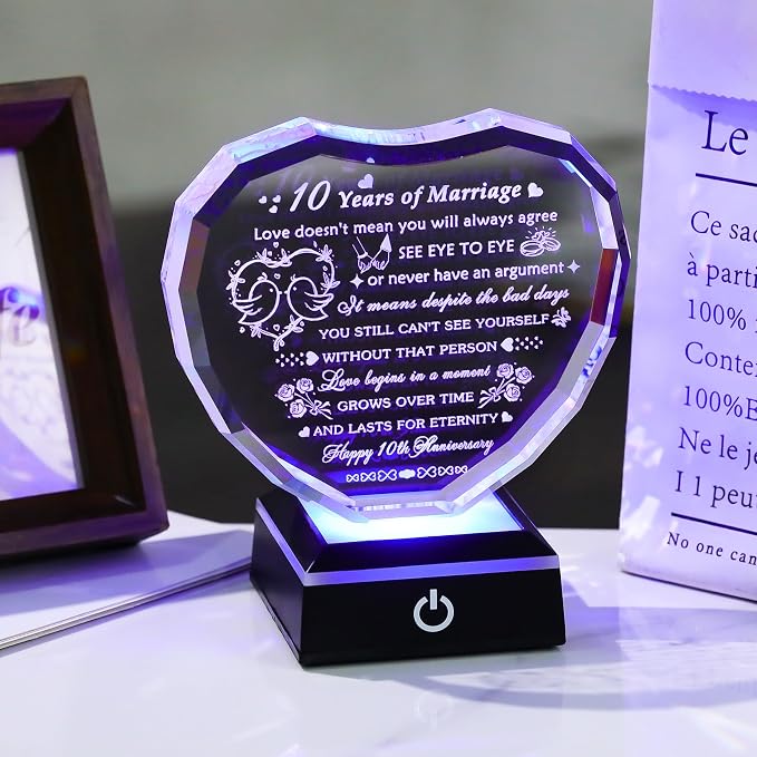 Arikyrist 10th Wedding Anniversary Crystal Heart Gifts for Couple, Laser Engraved Happy 10th Anniversary Crystal Gifts for Wife Husband, Romantic 10 Years of Marriage Gift for Him Her Friends