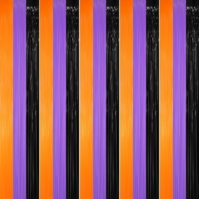GOER 3.2 ft x 8.2 ft Metallic Tinsel Foil Fringe Party Backdrop for Halloween Birthday Graduation New Year's Party Decorations(5 Packs,Black&Orange&Purple)