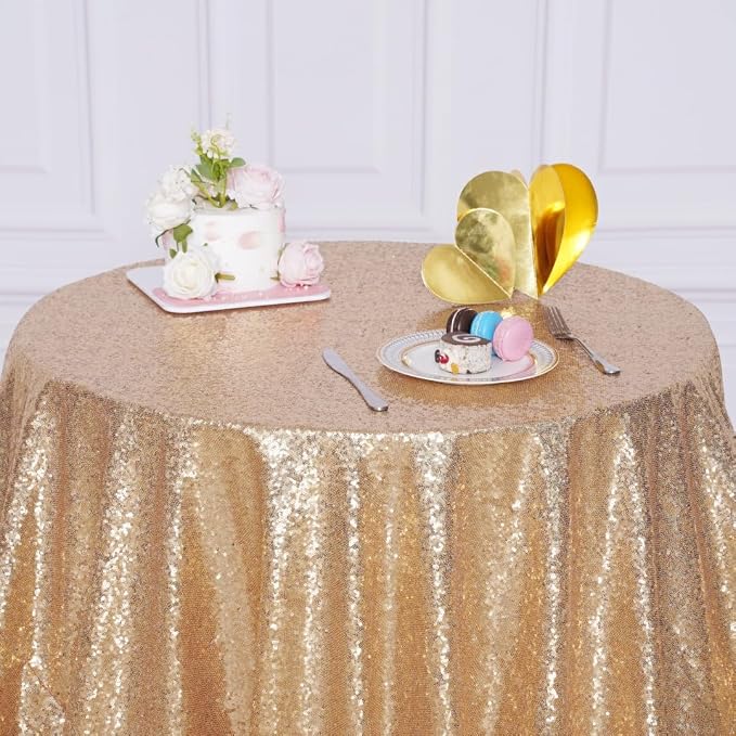 Poise3EHome 132-Inch Round Sequin Tablecloth for Party Cake Dessert Table Exhibition Events, Light Gold