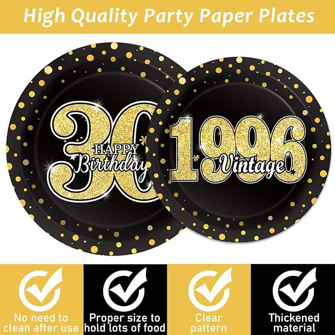 200PCS 30th Theme Birthday Party Tableware Vintage 1996 Party Supplies 30 Year Old Birthday Decorations Plates Napkins Forks Black and Gold Dinnerware Favors for Men or Women