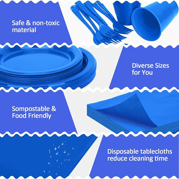 Blue Plastic Plates for Party,30 Guest Disposable Plastic Plate Set 9" Plates,7" Dessert Plates,Napkins,12 oz Cups,Forks & Tablecloth for Birthday,Graduation,Picnic,Father's Day Party