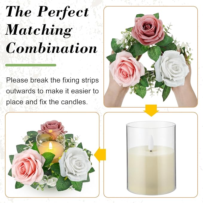 Yunlly 20 Pcs Rose Candle Rings with Flameless Candles Sets, Artificial Flower Eucalyptus Wedding Centerpiece 3 Inch Pillar Candleholders Wreaths for Wedding Party Mother's Day (Pink,White)