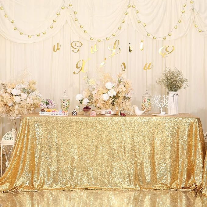 Juya Delight 50" x 80" Bright Gold Sequin Tablecloth Rectangle for Wedding Birthday Party Festival Ceremony Cake Dessert Table