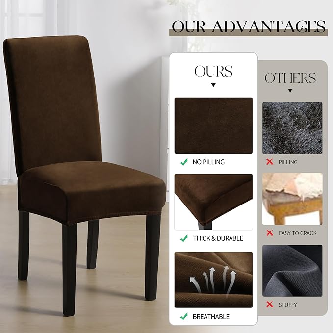 MOSAYT Velvet Stretch Chair Covers for Dining Room Set of 6 - Soft Slipcovers with Thick Removable Fabric for Parsons Chairs, Washable Seat Protectors for Kitchen, Banquet & Home Decor, Coffee