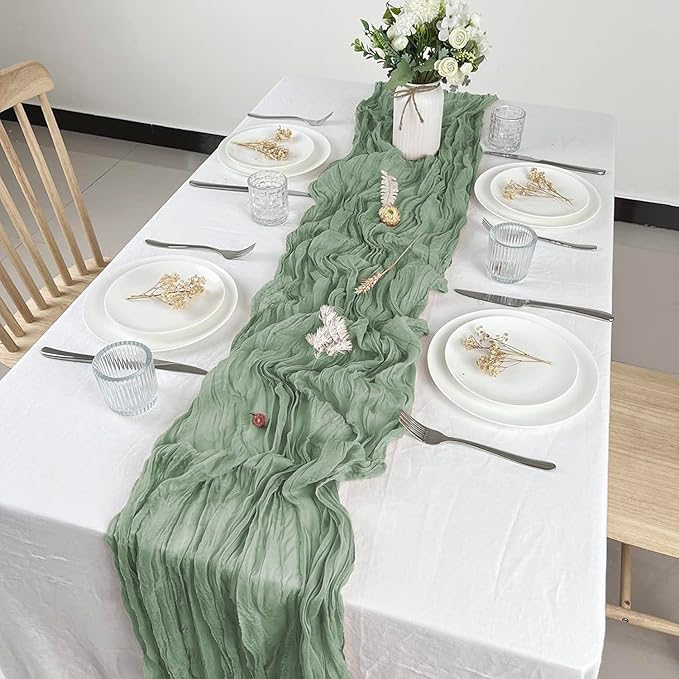 12 Pack Sage Green Cheesecloth Table Runner 10ft Boho Gauze Cheese Cloth Table Runner Rustic Sheer Runner 120 inch Long for Christmas Wedding Bridal Baby Shower Birthday Table Decorations
