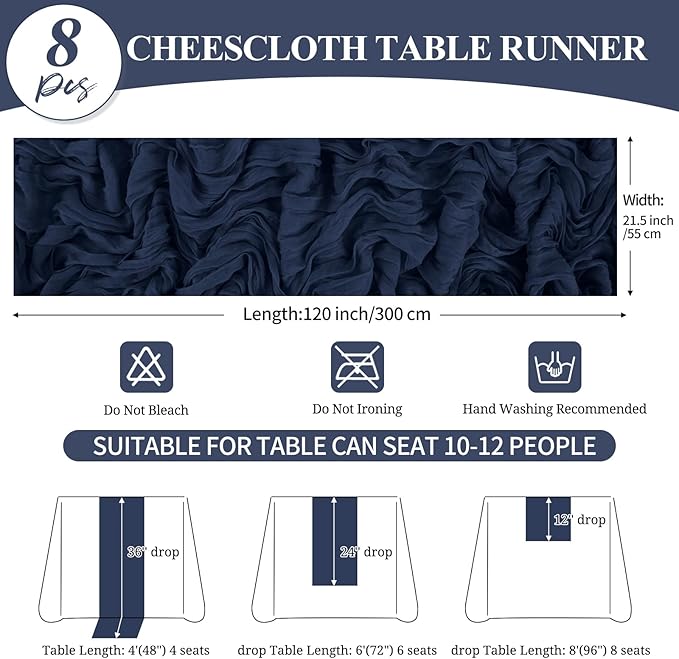 8 Pack 10Ft Cheesecloth Table Runner Navy Blue, 20 x 120 Inch Rustic Gauze Boho Cheese Cloth Wedding Long Table Runner for Wedding Party Bridal Shower Decoration