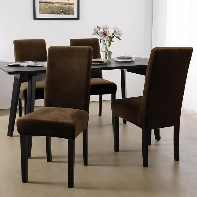 MOSAYT Velvet Stretch Chair Covers for Dining Room Set of 6 - Soft Slipcovers with Thick Removable Fabric for Parsons Chairs, Washable Seat Protectors for Kitchen, Banquet & Home Decor, Coffee