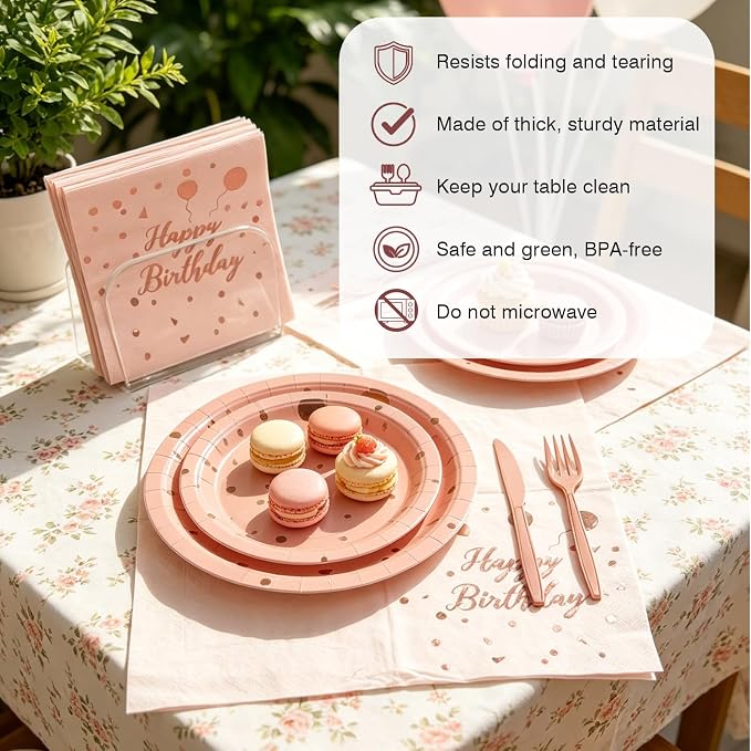 Birthday Decorations Supplies 194 Pcs Pink & Rose Gold Birthday Party Tableware, Includes Paper Dessert Plates and Napkins, Serves 24 for Girls' Sweet 16 Party, Baby Shower, Women's Birthday