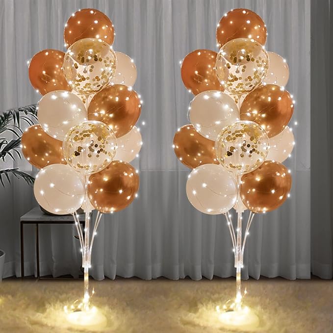 Cicicooie Centerpieces Balloon Holder Decoration with String Light 2 Set Champagne Gold Balloon Stand Kit for Floor for Propose Wedding Birthday Party