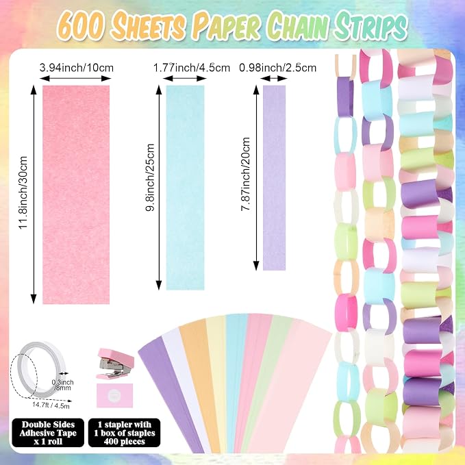 TaoBary Birthday Party Decor Kit 600 Sheet Paper Chain Garland Strips 656ft Crepe Paper 52ft Star Garland 52ft Felt Pennant Flag Pastel Ceiling Swirls 50 Balloons for DIY Birthday Wedding Party