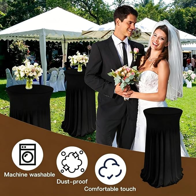 6 Pack Round Spandex Cocktail Table Tablecloth with Skirts, 32 x 43 Inch Black Spandex High Top Cocktail Table Covers, Stretch Fitted Round Cocktail Tablecloths for High Top Bar Party Wedding Banquet