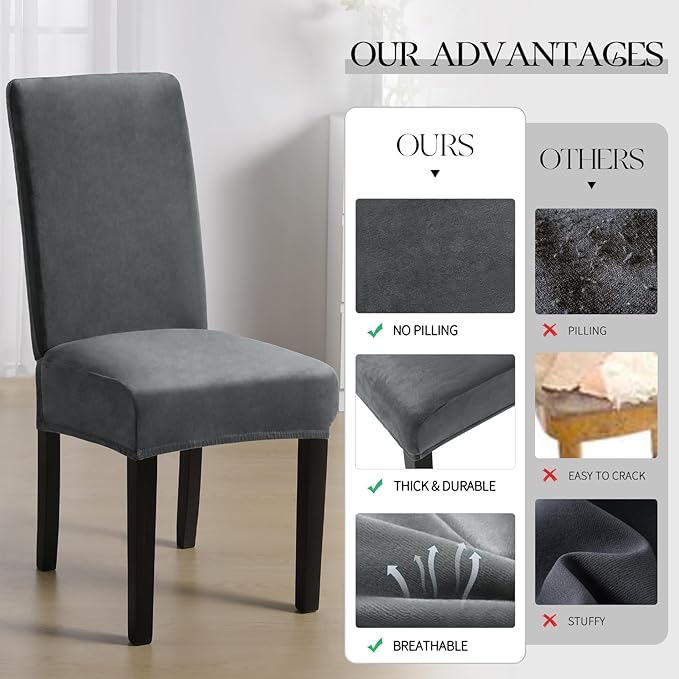 MOSAYT Velvet Stretch Chair Covers for Dining Room Set of 6 - Soft Slipcovers with Thick Removable Fabric for Parsons Chairs, Washable Seat Protectors for Kitchen, Banquet & Home Decor, Grey