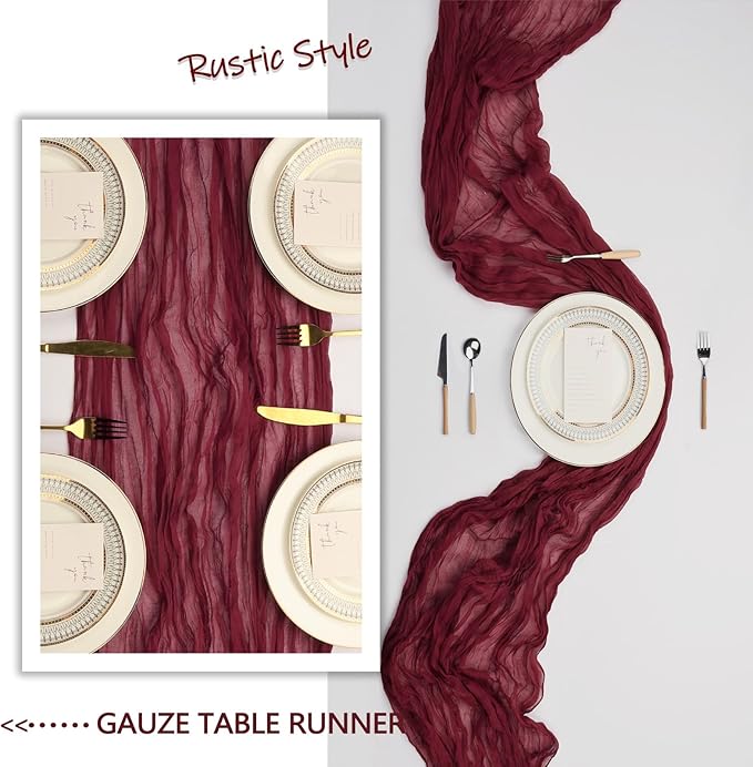 12 Pack Burgundy Cheesecloth Table Runner 10Ft Gauze Red Cheese Cloth Runner 35x120 Inch Boho Rustic Fabric for Holiday Party Decor Baby Shower Wedding Decorations