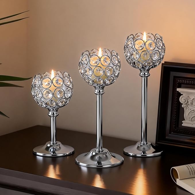 Silver Crystal Candle Holders Candlestick Holders - 4 Sets Tall Bling Bowl Candelabra Centerpieces for Dining Table, Wedding, Party & Fireplace Mantel Decor,12Pcs