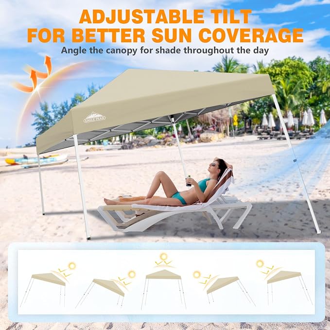 EAGLE PEAK 10x10 Slant Leg Pop-up Canopy Tent Easy One Person Setup Instant Outdoor Beach Canopy Folding Portable Sports Shelter 10x10 Base 8x8 Top (Light Beige)
