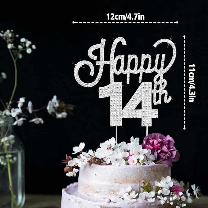 LINGTEER Happy 14th Birthday Silver Rhinestone Cake Topper - Cheers to 14th Birthday Fourteen Years Old Party Cake Centerpieces Topper Decorations Gift Sign.