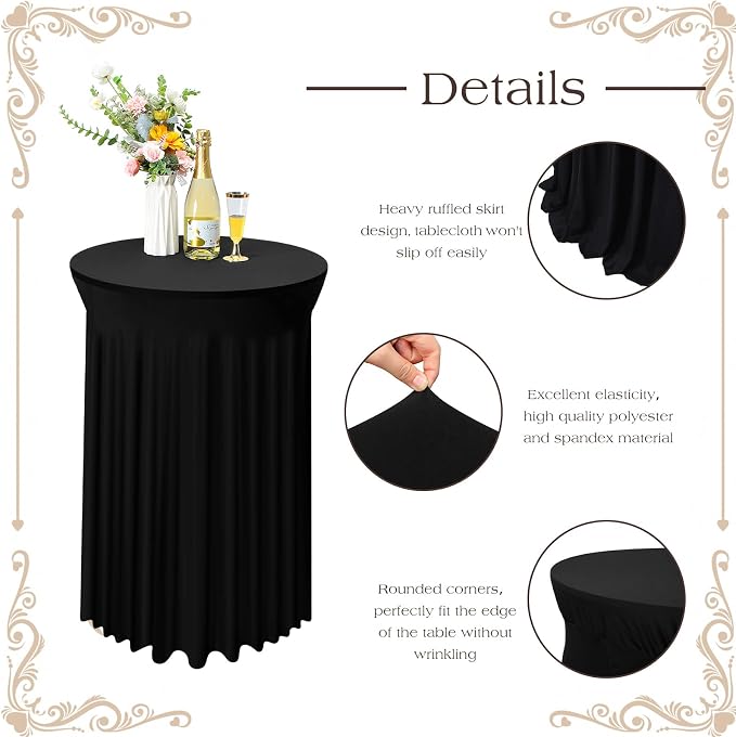 Tegeme 4 Packs Round Spandex Cocktail Tablecloths with Skirt 32 x 43 Inch Cocktail Round Table Cover Spandex Stretch Square Tablecloth Skirt for Table Bar Wedding Party Banquet (Black)