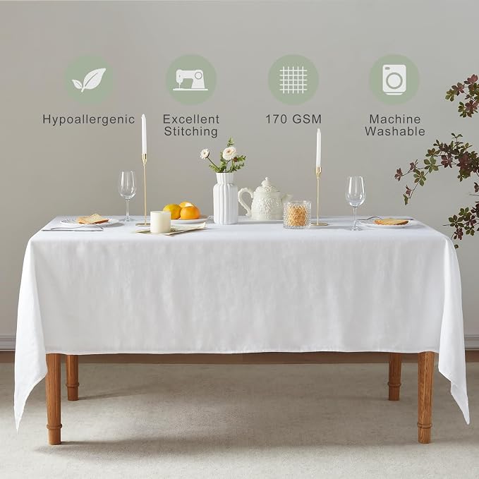 TOSMO 100% French Linen Tablecloth, Washable Farmhouse Rectangle Table Cloth for Kitchen, Dining, Party, Cocktail, Indoor and Outdoor Daily Use(60''x84'',White)