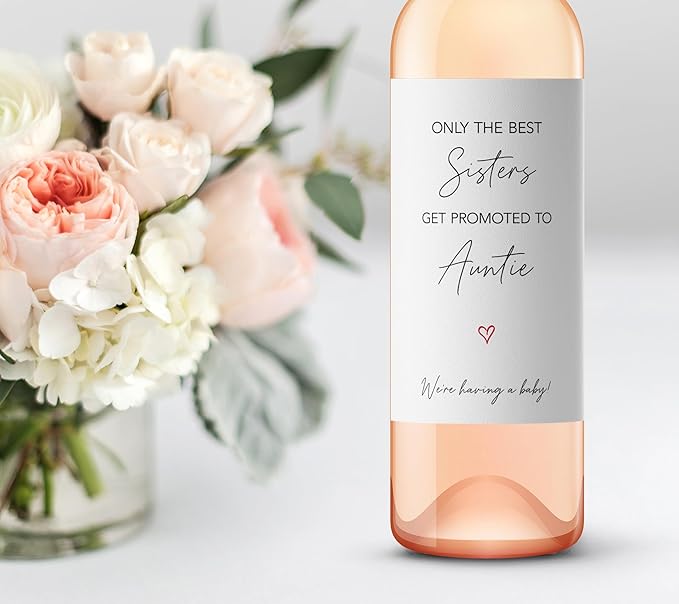 FAMILY & FRIENDS Pregnancy Announcement Wine Labels ● SET of 6 ● 2 Best SISTERS + 4 Best FRIENDS Get Promoted to AUNTIE Label, Baby Reveal Card alternative, Waterproof (Minimalist)
