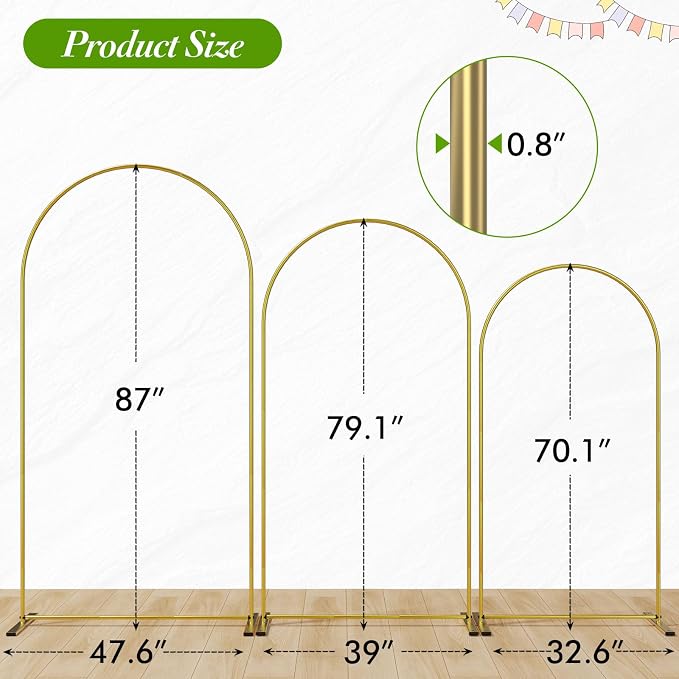 Metal Arch Backdrop Stand Set of 3 (6ft/6.6ft/7.2ft) - Gold Wedding Arch Frame for Ceremony, Birthday, Baby Shower & Party Decor, Ideal for Balloons, Flowers & Photo Shoots Indoor Outdoor