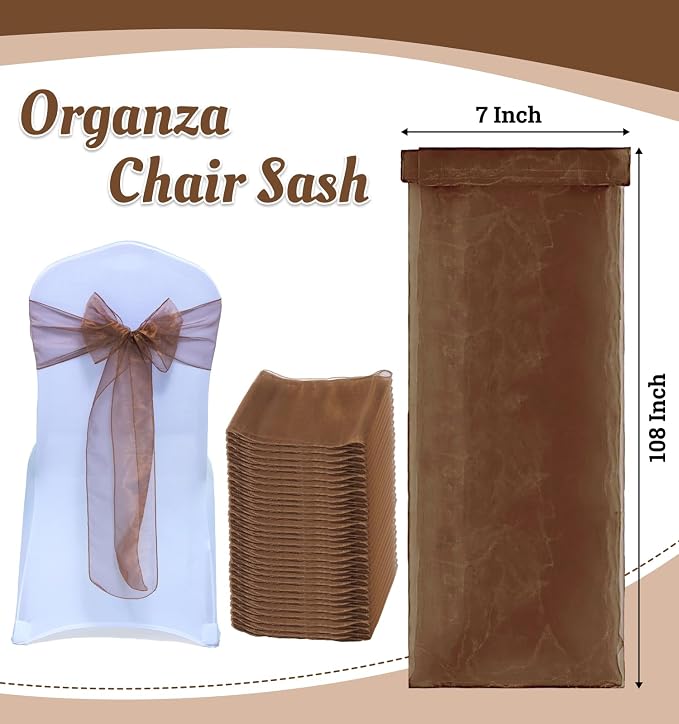 MDS® Pack of 100 Organza Chair Sashes for Wedding Decoration, Reusable Sheer Chair Bows for Banquet Chair Cover, Reception, Bridal Shower, Baby Shower, Birthday Party & Special Events - Coffee