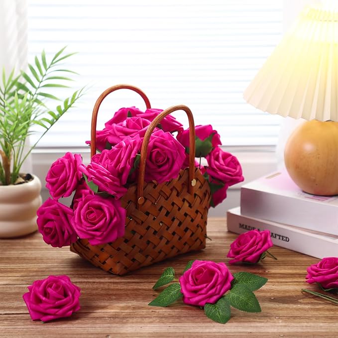 100 Pcs Artificial Foam Rose Flower Faux Bouquet Wedding Fake Rose Gift for Mother's Day Women DIY Bridal Shower Party Table Birthday Home Spring Decor (Hot Pink)