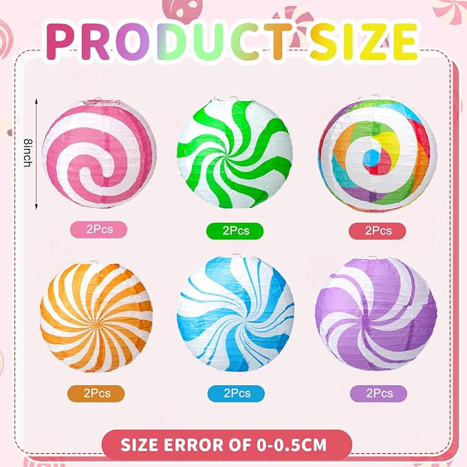 Tuanse 12 Pcs Candy Christmas Decorations 8 Inch Colorful Paper Lanterns Candy Party Decorations for Candyland Themed Hanging Ornaments DIY Ornaments for Holiday Xmas Birthday Indoor Outdoor Decor