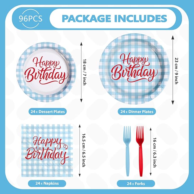 96Pcs Blue Gingham Birthday Party Supplies Blue and White Checkered Plates and Napkins Disposable Plaid Red Word Tableware Set for Kids Birthday Baby Shower Holiday Picnic Party Decorations Serves 24