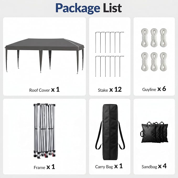 Anunweldo 10x20 Pop Up Canopy Without Sidewalls, Instant Tent with Carry Bag, Sandbags, Height Adjustable Waterproof Outdoor Canopy, Outdoor Canopy for Events, Camping, Parties (Reflective Strips)