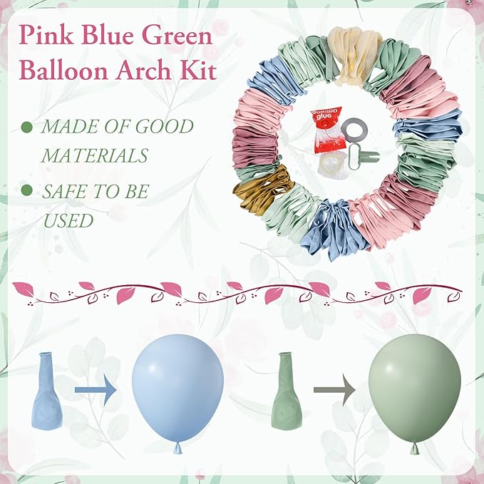 Amandir 173Pcs Pink Blue Green Balloon Arch Garland Kit, Dusty Baby Pink Mauve Pastel Mist Haze Green Blue Gold Confetti Balloons for Easter Shower Gender Reveal Wildflower Birthday Party Decorations