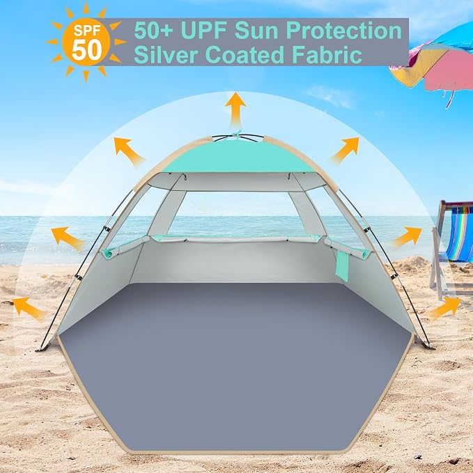 Gorich Beach Tent Sun Shelter for 3/4/6/8/10 Person with UPF 50＋ UV Protection, Lightweight & Easy Setup Beach Shade Canopy, Portable Beach Shade Tent Beach Cabana