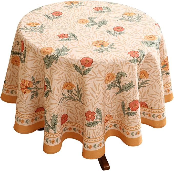 patdrea Vintage Linen Tablecloth,Round,Diameter 67"-RosaSilvestre A | French Heavyweight Table Cloth for Round Table,Yellow Floral Patterned,Dining Room Kitchen Tea Party Decoration