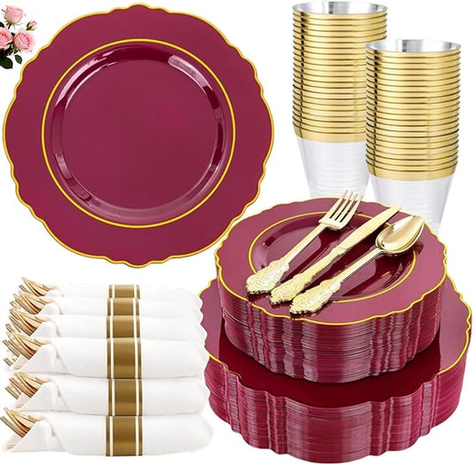 Liacere 350PCS Red Plastic Plates-Disposable Burgundy Red and Gold Plates 50guest Baroque Plastic Dinnerware include 100Plates, 50Pack Pre Rolled Napkins with Silverware 50Cups for Wedding&Mothers Day