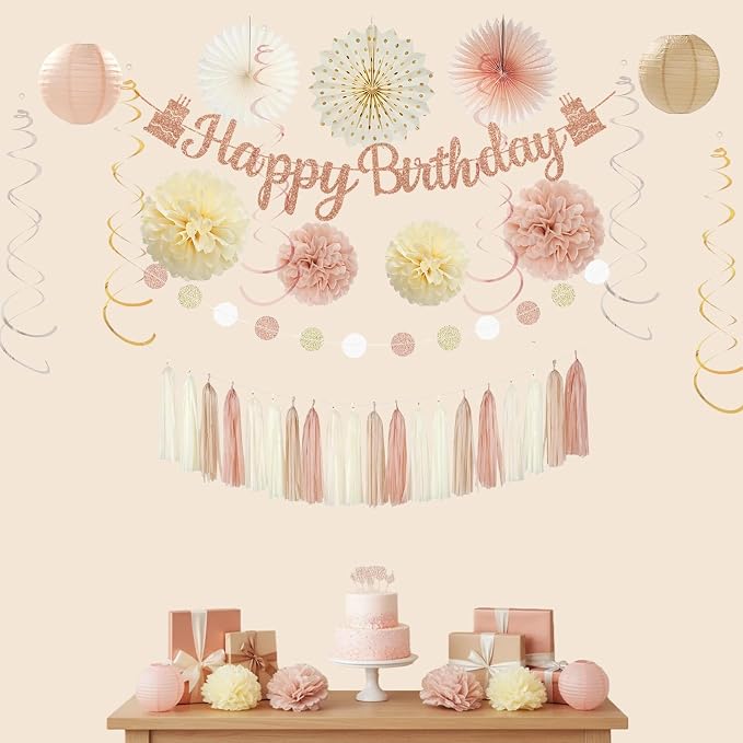 Champagne Gold Beige Birthday Party Decorations, Happy Birthday Banner, Paper Pompoms, Lanterns, Fans, Hanging Swirls, Circle Dots Garland Tassel Garland for Birthdays Party Decorations 37pcs