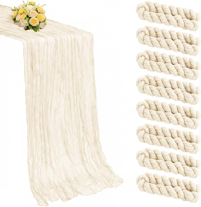 8 Pack Beige Cheesecloth Table Runner 21x120 Inch Gauze Table Runners Reusable Polyester 10ft Boho Rustic Cheese Cloth Table Runner for Wedding Party Baby Shower Birthday