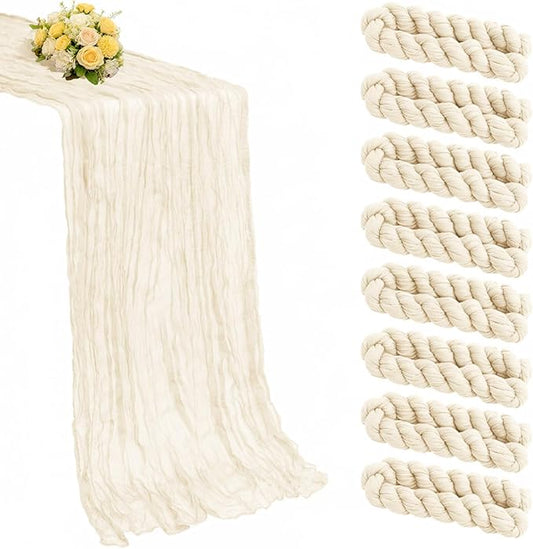 8 Pack Beige Cheesecloth Table Runner 21x120 Inch Gauze Table Runners Reusable Polyester 10ft Boho Rustic Cheese Cloth Table Runner for Wedding Party Baby Shower Birthday