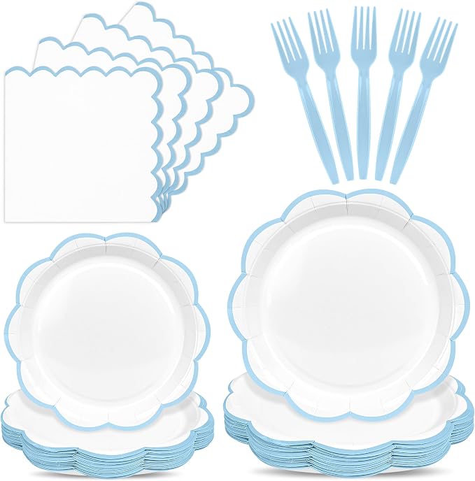 96 Pcs Paper Plates & Napkins Set, Light Blue & White, 24 Guest | White Dessert Plates with Baby Blue Scalloped Edge, Includes Napkins and Forks, For Baby Boy Shower, For Wedding