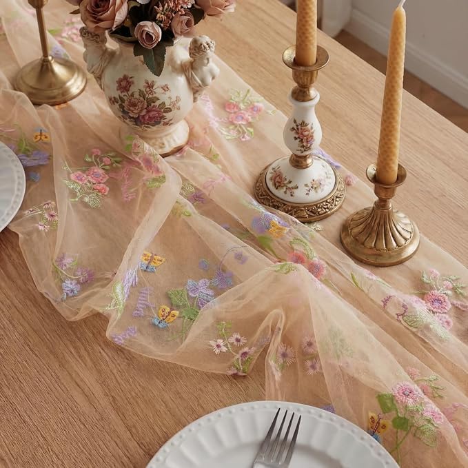 Champagne Floral Table Runner 10ft Embroidery Tulle Spring Wildflower Table Runner Seasonal Summer Butterfly Kitchen Dining Gauze Decoration for Wedding Baby Shower Birthday Party (3 Pcs)