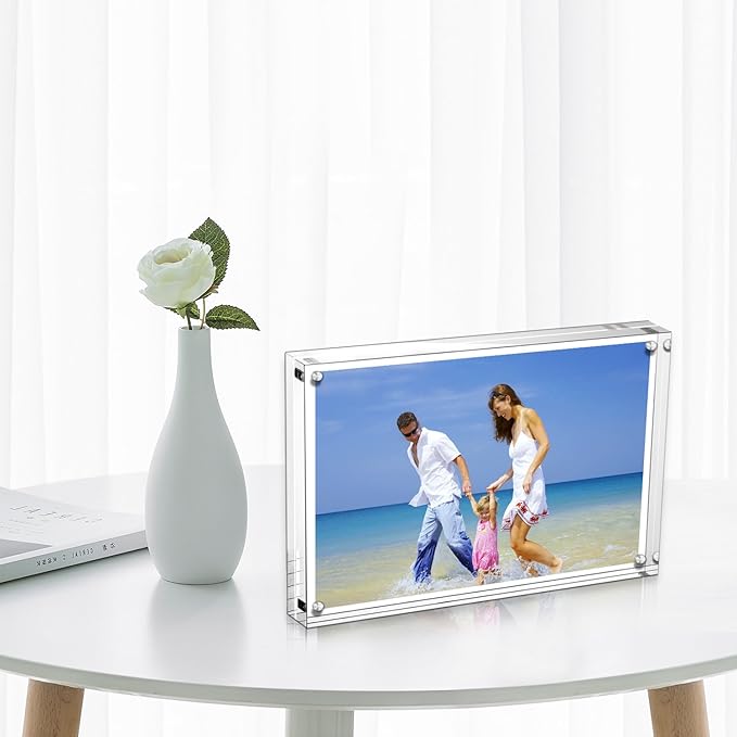 AMEITECH Acrylic Picture Frames 3 Pack, 4x6'' Clear Double Sided Block Set, Desktop Frameless Magnetic Photo Frame