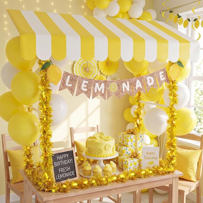 7 Pcs Lemonade Stand Supplies Lemonade Bar Party Decorations with 1 Set Plastic Stand 1 Yellow and White Striped Sunshade Cloth 4 Yellow Tinsel 1 Banner Sign for Outdoors Summer Party Supplies