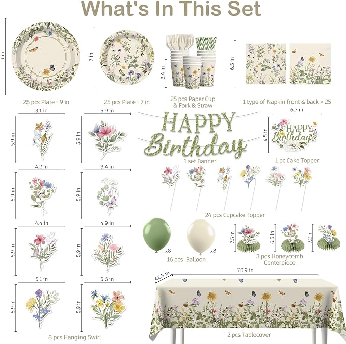 Wildflower Party Decorations for Girl, Flower Birthday Party Supplies Set with Banner, Plates, Cups, Napkins, Balloons, Tablecloth & Cake Toppers Serves 25