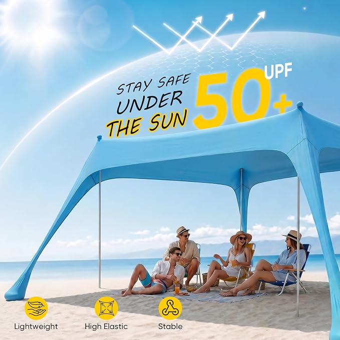 Sekey Aluminum Beach Shade Sun Shelter UPF 50+ - 8.2x8.2 FT Portable Beach Canopy with Windproof Rope & Stability Poles, Easy Setup Outdoor Tent for Camping, Backyard, Fishing, Picnics