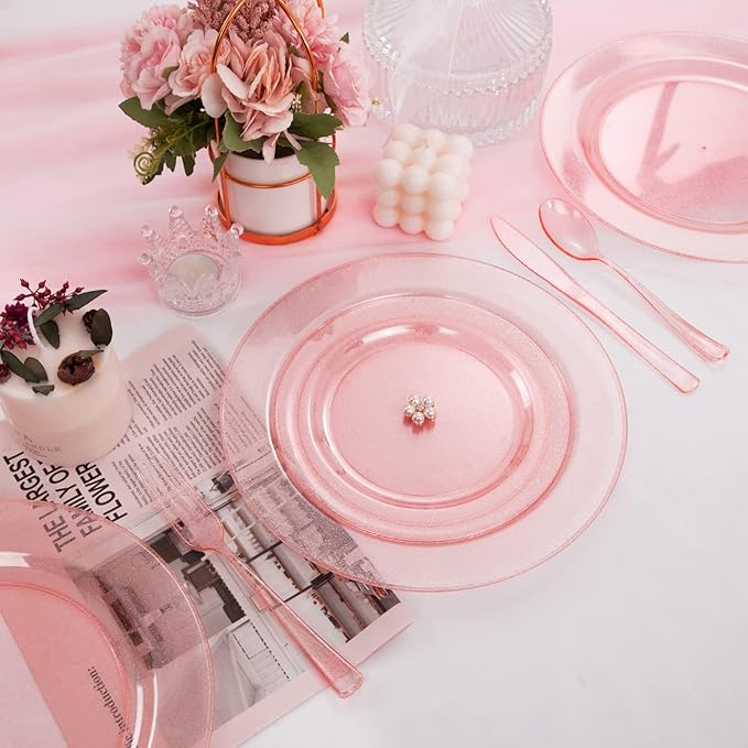 DaYammi 150PCS Pink Plastic Plates,Mother's Day Disposable Pink Dinnerware Set Clear pink Party plates with Silver Glitter Design Include 25 Dinner plates,25 Cake Plate,75 Cutlery,25 Cup for Party
