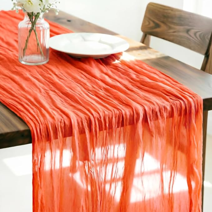 LINXTAR Orange Cheesecloth Table Runner 120 Inches 10Ft Gauze Summer Boho Table Runner for Wedding Tea Party Baby Shower Bridal Birthday Home Decoration