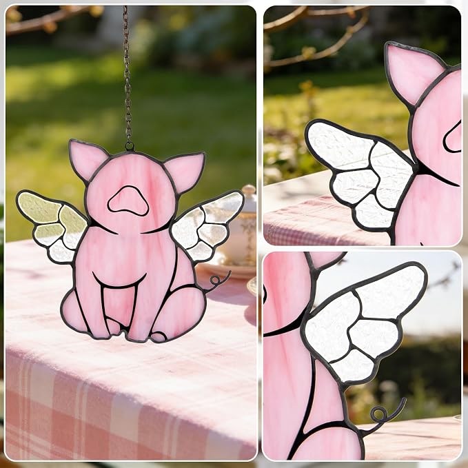 Flying Pig Suncatcher, Stained Glass Window Hanging Decor, Handmade Gift for Pig Lovers Women Mom - Funny Animal Party & Nursery Decoration
