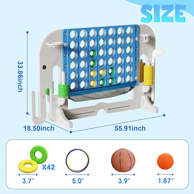 Giant 4 in a Row Connect Game, Adjustable Height (2.6FT-4.3FT) Jumbo 4-to-Score Yard Game Set with Basketball, Golf & Ring Toss, Elephant Design Outdoor Indoor Family Yard Party Game for Kids & Adults