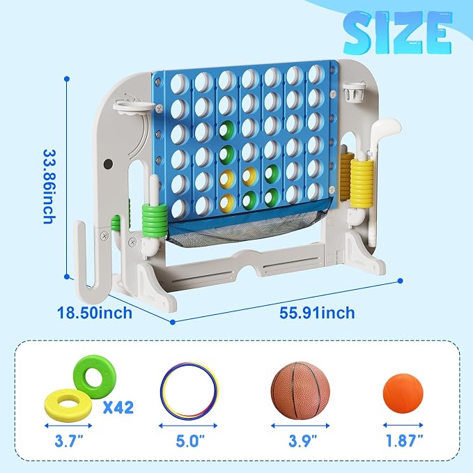 Giant 4 in a Row Connect Game, Adjustable Height (2.6FT-4.3FT) Jumbo 4-to-Score Yard Game Set with Basketball, Golf & Ring Toss, Elephant Design Outdoor Indoor Family Yard Party Game for Kids & Adults