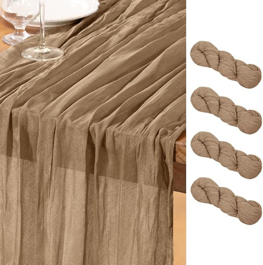DeZerlor Nude Cheesecloth Table Runner 4 Pack Spring Easter Table Runners Boho Gauze 120 Inches Coffee Cheese Cloth Table Decor for Wedding Bridal Baby Shower Parties