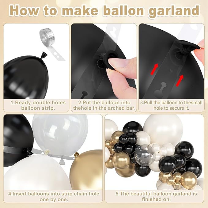 Amandir 173Pcs Black Pearl White Gold Balloons Arch Garland Kit, Pearl White Black Chrome Gold Clear Balloons for Graduation Retirement Wedding Coquette Birthday Bachelorette Party Decorations