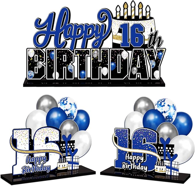 LINGTEER Happy 16th Birthday Blue Acrylic Table Topper Centerpieces Set - Cheers to Sixteen Years Old Birthday 16th Bday Party Gift Decorations.